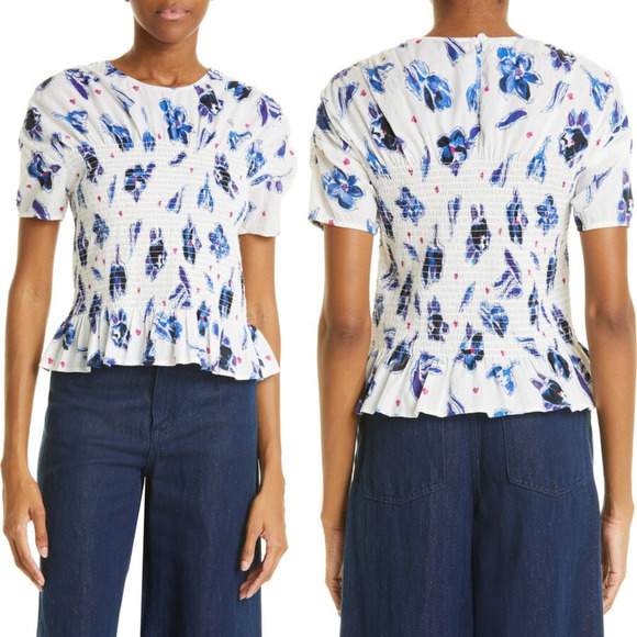 BAUM UND PFERDGARTEN MYNOWA FLORAL SMOCKED ORGANIC COTTON TOP WOMEN'S 40 US XS - Picture 1 of 16